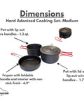 Three Piece Hard Anodized Camping Cook Set with lids, 1.3 qt and 1.7 qt pots, 6.9 in nonstick fry pan, mesh bag, outdoor kitchen gear