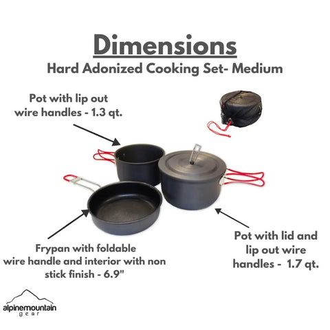 Three Piece Hard Anodized Camping Cook Set with lids, 1.3 qt and 1.7 qt pots, 6.9 in nonstick fry pan, mesh bag, outdoor kitchen gear