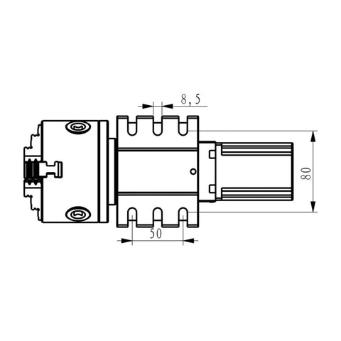 100Mm Center Height Cnc Rotary A Axis 4-Jaw Chuck Paired With Nema23 Stepper Motor detailed technical drawing with dimensions.