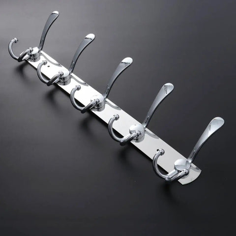 Two Piece Five Hook Wall Mounted Coat Rack Made From Solid Stainless Steel Featuring A Polished Mirror Finish Great For Bathrooms Bedrooms And Hallways A Real Deal Storage Solution on black background.