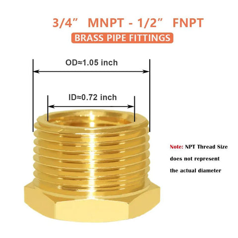 Six Piece Brass Pipe Fitting Reducer Hex Bushing From Three Quarter Inch NPT Male To One Half Inch NPT Female Heavy Duty Rustproof Adapter