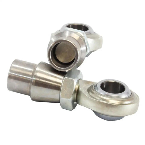 Bulletproof Hardcore 3/4 X 16 Heim Joints With Solid Bung Connectors And Heavy Duty Jam Nuts 4 Pack close up of metal rod ends.