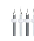 0.3mm Carbide PCB Drill Bits Set For Mini CNC Drilling On Printed Circuit Boards With Shank One Eighth Inch 3.175mm 38mm Length And 5.5 To 10.5mm Cut 10 Pieces In A Box For Precise Micro Drilling, four bits shown
