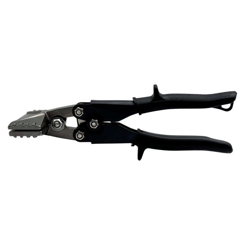 Three Inch Straight Hand Seamer With Cushioned Leverage Handles Drop Forged Nickel Plated Jaws Three Inches Wide By One And One Eighth Inches Deep Precise One Eighth Inch Graduations Pro Grade HVAC Sheet Metal Bending Seaming And Flattening, side view, cushioned handle