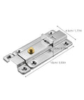 Stainless Steel Automatic Spring Door Latch, Low Profile Safety Lock, 10cm x 4.5cm size, shown in silver with dimensions included.