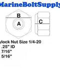 Type 316 Stainless Steel Nylon Insert Lock Nuts Size One Quarter Twenty 50 Pack dimension diagram