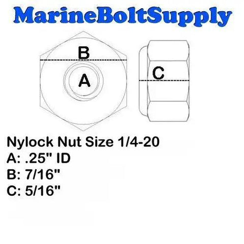Type 316 Stainless Steel Nylon Insert Lock Nuts Size One Quarter Twenty 50 Pack dimension diagram