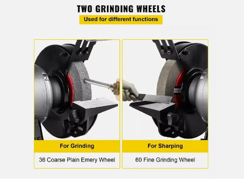 Heavy Duty 6 In Bench Grinder With Variable Speed Dial And Pure Copper Induction Motor showing two grinding wheels for different tasks.
