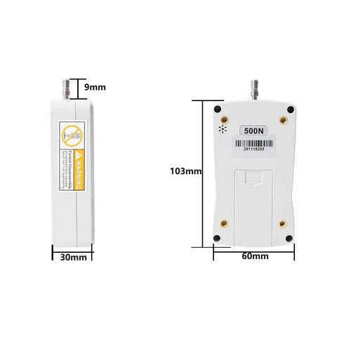 Side and back view of Digital Force Gauge 500N With Four Units N Lb Kg Oz, showing dimensions 103mm x 60mm x 30mm