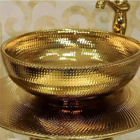 Modern 16 Inch Gold Ceramic Vessel Sink With Faucet And Drain, sleek basin with textured gold finish, ideal for bathroom upgrades.