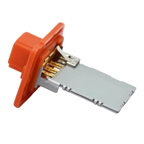 Manual Control Blower Motor Resistor For Hyundai Elantra And Elantra Coupe showing orange connector and metal contacts.
