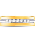 Timeless 14Kt Yellow Gold Men Wedding Ring Featuring Machine Set Round Diamonds In A Channel Setting Quarter Cttw Solid Dapper Bridal Band For Daily Flex Sleek Polished Finish Groom Gift Ready Piece Smooth Comfort Fit - Top view of polished gold band with channel set diamonds.