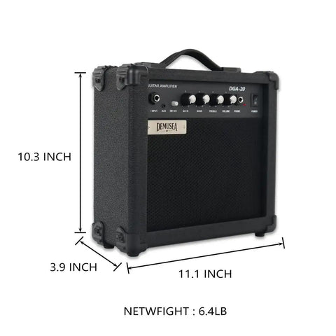 20W amplifier from 39 Inch Electric Guitar Beginner Friendly Starter Kit With 20W Amplifier Bundle Black Noiseless Cable 24 Frets Tremolo Solid Maple Neck 25 And A Half Inch Scale Includes Gig Bag Strap Capo Picks String Wrench Polishing Cloth, shown with dimensions and weight.