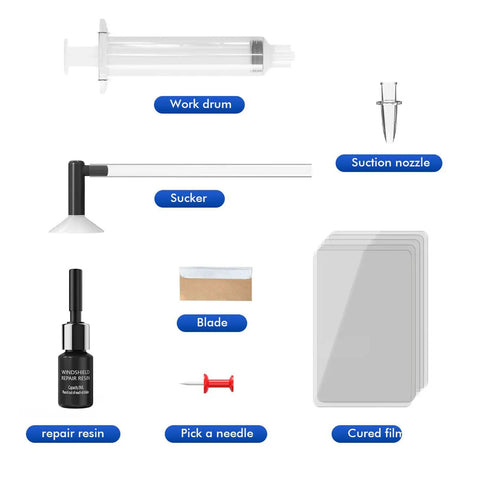 DIY Windshield Crack Repair Kit With Quick Chip Resin And Pressure Syringe For Sunroofs, Trucks, Lenses, Doors, Windows And Even Furniture Tables, Fast Fix, Durable Seal, No Mess, Clear Finish In Minutes shown with components like work drum, suction nozzle, sucker, repair resin, and cured film.