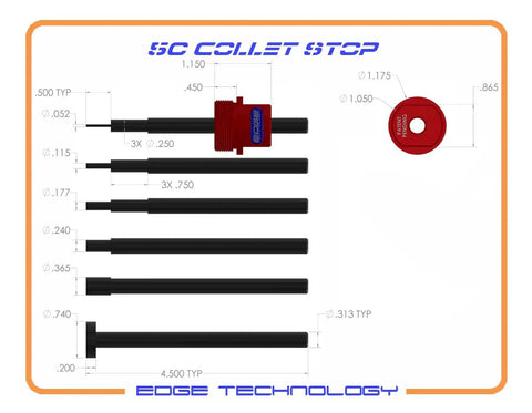 Precision Collet Stop For 5C Collets With Six Hardened Steel Stop Rods In Sizes One Sixteenth To Three Quarters Inch shown with specs