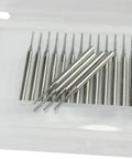 Close-up of 30 Piece Diamond Burr Set With One Eighth Inch Shank Needle Point Grinding Bits 1mm Head Diameter in plastic case