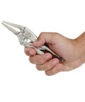 Hardcore Long Nose Locking Pliers With Built In Wire Cutter Heavy Duty Adjustable Vise Grips held in hand for everyday tasks.
