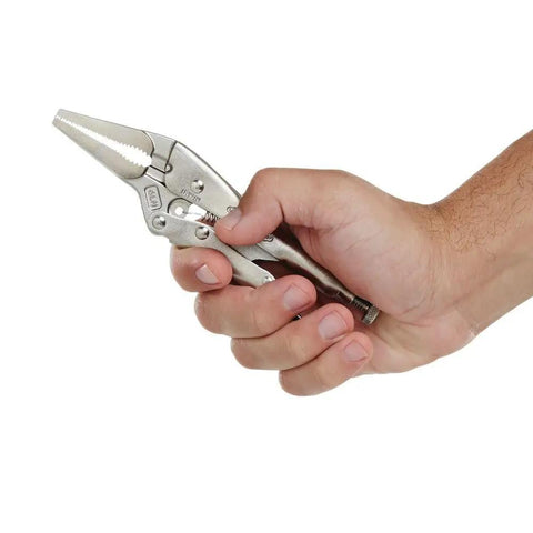Hardcore Long Nose Locking Pliers With Built In Wire Cutter Heavy Duty Adjustable Vise Grips held in hand for everyday tasks.
