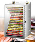 Premium Stainless Steel Six Layer Food Dehydrator Machine With Removable Trays For Drying Fruits Veggies And Jerky, side view with colorful trays.