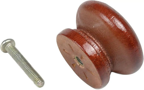 Heavy Duty Round Wood Drawer Knobs For Dressers And Cabinets, Slick Red Brown Finish With Hassle Free Mounting Screws, Pro Level Furniture Pull Handles Set Of Ten, close-up of knob with screw.