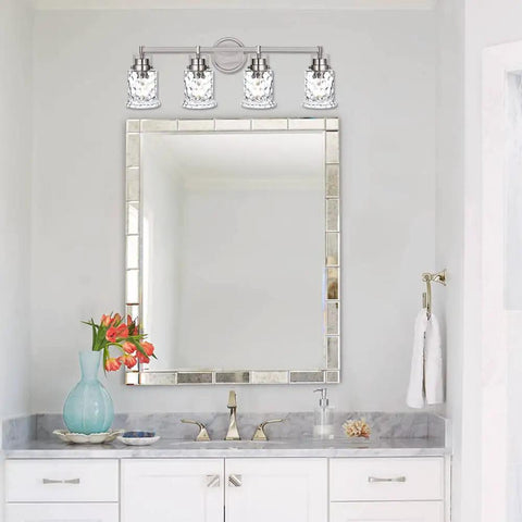Bathroom with 4 Light Vanity Lights in Brushed Nickel Finish with Hammered Glass Shades over mirror