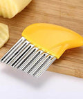 Yellow-handled stainless steel crinkle cutter with wavy blades for vegetables