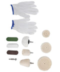 11 Piece Polishing Buffing Wheel Kit With Cotton Flannel Pads And Wax Rod Mount For Cordless Drills, includes gloves and various pads.