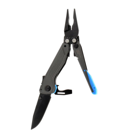 Everyday Carry 7 Tools Multi-Tool in CRYO D2 steel with compact pocket size, stainless steel housing, urban gray and cyan finish