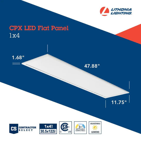 1x4 LED Flat Panel Light 4 Pack With Nine Configurations And Two Switches Adjustable Lumens 2500 3200 4000 And Switchable Color Temperature 3500K 4000K 5000K For Office And Classroom Ceiling Mount With Satin Lens.