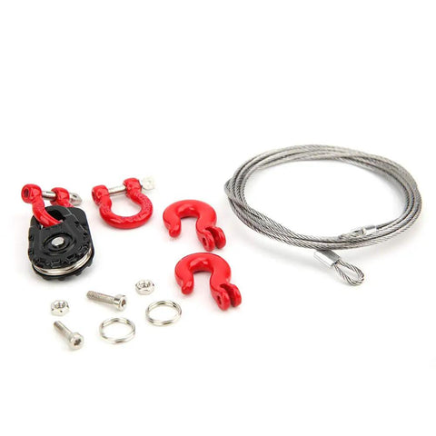 Three Piece RC Car Steel Rope Pulley Lock Sleeve Set for 1 10 Scale Crawlers, Snatch Block Winch Tow Strap Hook Trailer Kit for Gnarly Climbing Action, Durable Steel Construction for Rugged Trails, with rope and hooks