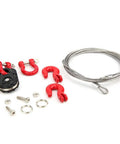 Three Piece RC Car Steel Rope Pulley Lock Sleeve Set for 1 10 Scale Crawlers, Snatch Block Winch Tow Strap Hook Trailer Kit for Gnarly Climbing Action, Durable Steel Construction for Rugged Trails, shown with cable, pulley, hooks, and hardware
