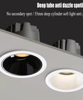 Top Shelf Eight Pack LED Downlights Slick Baffle Trim Anti Glare Recessed Spotlights Deep Cylinder Cob Ceiling Lights For Kitchen And Bath 20W 4000K Neutral installed in ceiling, one spotlight with deep cylinder design.