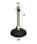 Heavy Duty Adjustable Furniture Leveling Feet With Swivel Nylon Base Carbon Steel Articulating Leg Mounts Fix Wobbly Tables Real Deal M10 Thread Two Pack showing M10 mount and 80 mm base.
