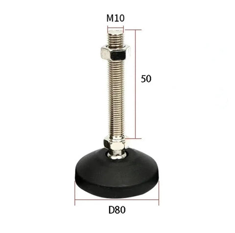 Heavy Duty Adjustable Furniture Leveling Feet With Swivel Nylon Base Carbon Steel Articulating Leg Mounts Fix Wobbly Tables Real Deal M10 Thread Two Pack showing M10 mount and 80 mm base.