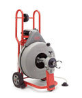 Workhorse Auto Feed Drain Cleaning Machine With No Sweat Cable Advance System adjustable for 5/8 and 3/4 inch lines, featuring sturdy wheels.
