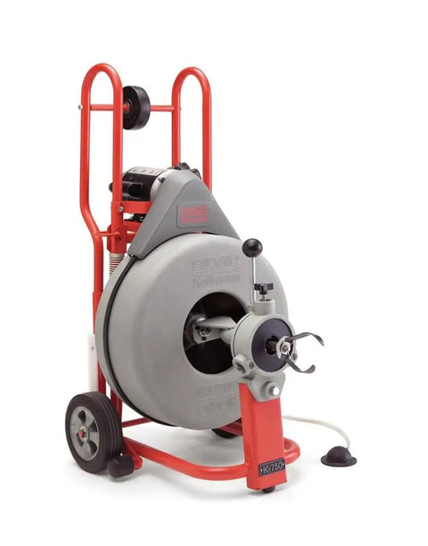 Workhorse Auto Feed Drain Cleaning Machine With No Sweat Cable Advance System adjustable for 5/8 and 3/4 inch lines, featuring sturdy wheels.