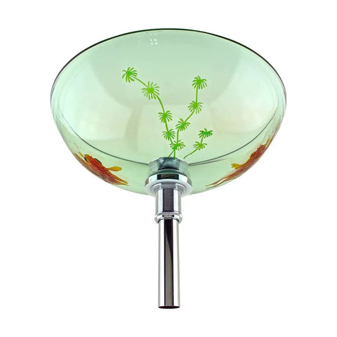 Round Glass Vessel Sink 16.5 Inch Durable Tempered Glass Bathroom Basin With Chrome Drain Koi Fish Design Countertop Mount
