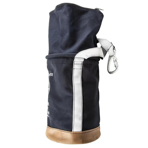 Side view of Beefy Heavy Duty Canvas Tool Bucket With Zip Top Flame Resistant Closure for overhead lifts, 12 inch diameter, 17 inch tall.
