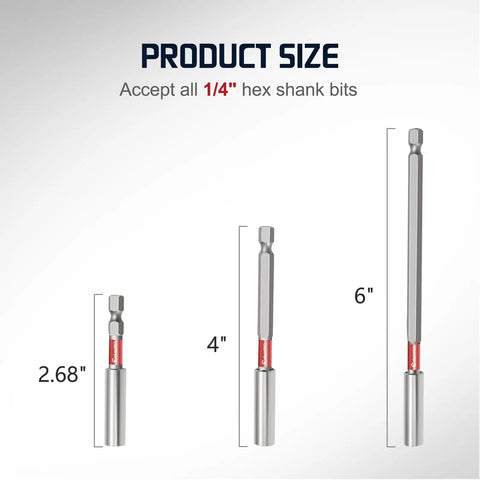 Powerful Magnetic Impact Bit Holders Set With One Quarter Inch Hex Shank S2 Steel Drill Bit Extensions Straight No Bend 2.6 Inch 4 Inch And 6 Inch Extensions