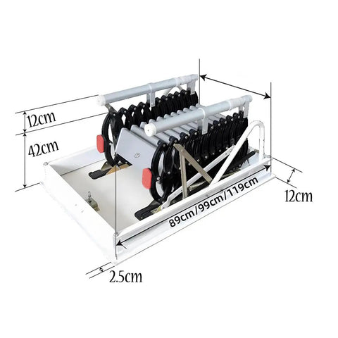 The Heavy Duty Electric Attic Ladder With Hinged Telescoping Folding Steps Top Shelf Roof Access Hatch Kit Black Aluminum Rail No Sweat Quick Install Today shown from the top with measurements.