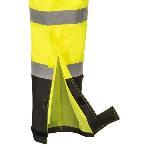 Hi Vis Ripstop Waterproof Bib Pants for Men, Reflective Safety Overalls, side view showing zipper and lining