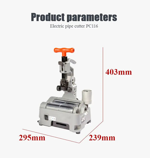 Top Shelf Fully Automatic Electric Pipe Cutter With Built In Deburrer Sized For 12 To 116Mm Tubing, dimensions 403mm x 295mm x 239mm.