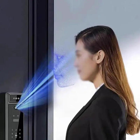 3D Fingerprint Smart Door Lock With Built In Camera And Phone App Control Hassle Free Keyless Entry For Home Security, side view, user interacting with smart lock.