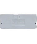 Rear view of grey terminal block from 50 Pack No-Fuss Easy Install DIN Rail End Clamp Terminal Blocks With Anti-Lock Spring For 0.2-4mm Wires Quattro Style Durable Layout Clips For Electrical Control Panels