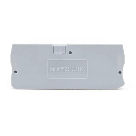 Rear view of grey terminal block from 50 Pack No-Fuss Easy Install DIN Rail End Clamp Terminal Blocks With Anti-Lock Spring For 0.2-4mm Wires Quattro Style Durable Layout Clips For Electrical Control Panels