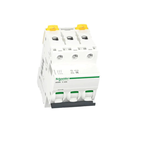 Heavy-Duty MCB Miniature Circuit Breaker 3-Pole 20-Amp C Curve Set Of Four White unit with three poles and secure mounting.