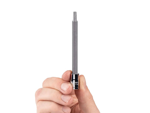 One Quarter Inch Drive Long Torx T25 Socket With Extended Reach held by hand, displaying refined edges and 2.4-inch longer bit.