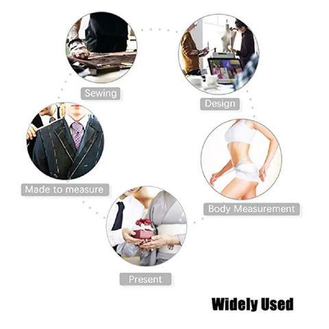 Image showing uses for Soft Retractable Dual Sided Body Measuring Tape 60 Inch 150cm for sewing, design, and body measurement.