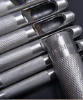 Close-up of Harden Pro Hollow Hole Punch Set showing CRV steel punches with textured grips and visible 16mm size marking.