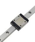 250mm MGN12 Linear Rail Guide With MGN12C Carriage Block For 3D Printers And CNC Machines, Heavy Duty Precision Rails For Smooth Motion, Mounts With 4 M3 Bolts, Ideal For DIY Prototyping. MGN12C block on silver rail with M3 mounting holes.
